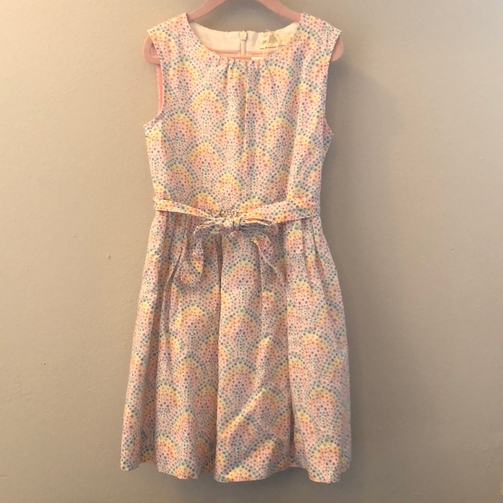 Mini Boden NWT girls size 6-7 cotton linen dress with rainbow floral print